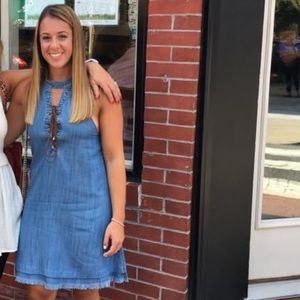 Denim halter dress with suede tie up